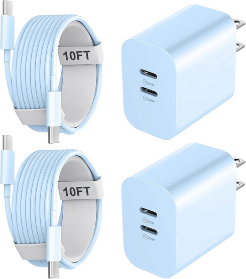 Fast Charger for iPhone 15 Pro Max, 20W Dual Port USB C Fast Charger Block with 10FT Long USB C to C Charging Cable for