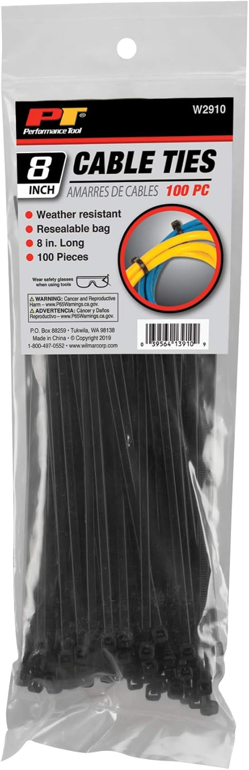 Performance Tool W2910 100 Pc Black Cable Ties, 8-Inch Length, 40 Lbs Tensile Strength, Resealable Bag