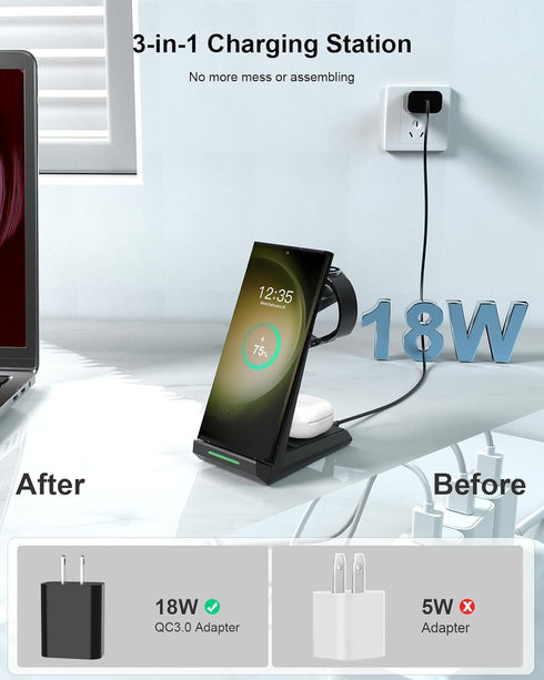 NANAMI 3 in 1 Wireless Charger for Samsung, Fast Charging Station for Galaxy S24 S23 Ultra S22 S21 S20 Z Flip Fold 4,