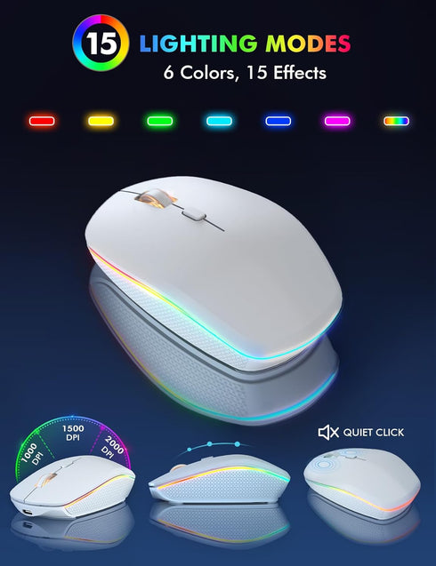 Wireless Keyboard and Mouse - RGB Backlit, Rechargeable & Light Up Letters, Full-Size, Ergonomic Tilt Angle, White