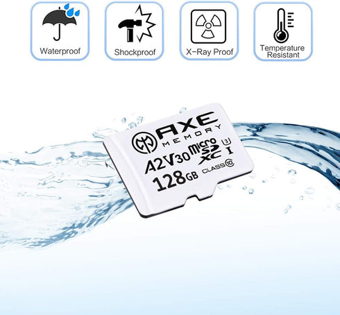 AXE MEMORY 128GB Micro SD Card 4K Ultra Full HD Video Premium Speed MicroSDXC Up to 100MB/S A2 V30 UHS-I U3 with SD
