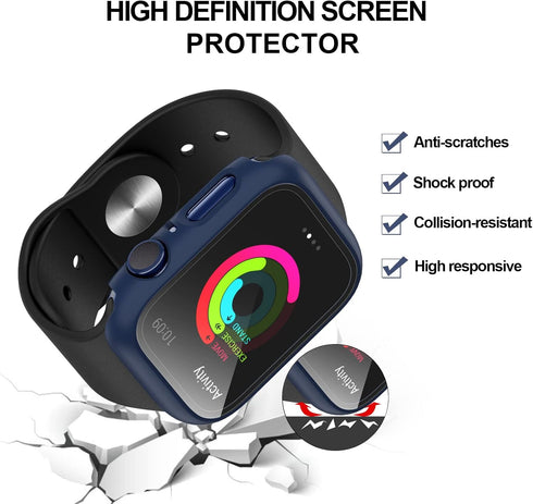 BHARVEST 2 Pack Hard PC Case for Apple Watch Series 9/8/7 45mm, with Tempered Glass Screen Protector, (Black+Blue)