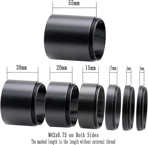 Telescope T2-Extension Tube Kit for SLR Cameras, Lengths 3mm to 55mm, M42x0.75 on Both Sides (Upgraded)