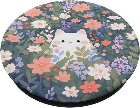 Cute White Cat Hiding in Spring Flowers Botanical Floral PopSockets Standard PopGrip