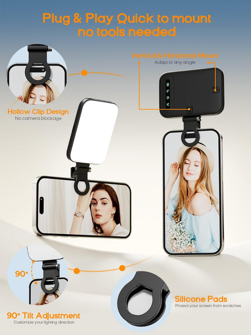 GLOUEN 3 10 Selfie Light Rechargeable Phone Light Clip with Digital Display, Light Modes & Brightness Levels