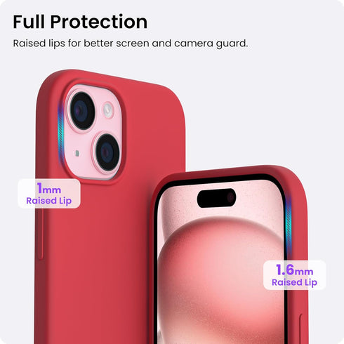 ORNARTO Slim Liquid Silicone Case for iPhone 15, 3 Layers Full Covered Soft Gel Rubber 6.1 inch, Anti-Scratch Red