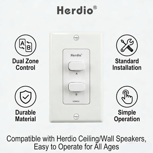 Herdio 2 120W in-Wall Speaker Selector Switch - Channel Home Audio Speakers Controller for Pair of Speakers - Support