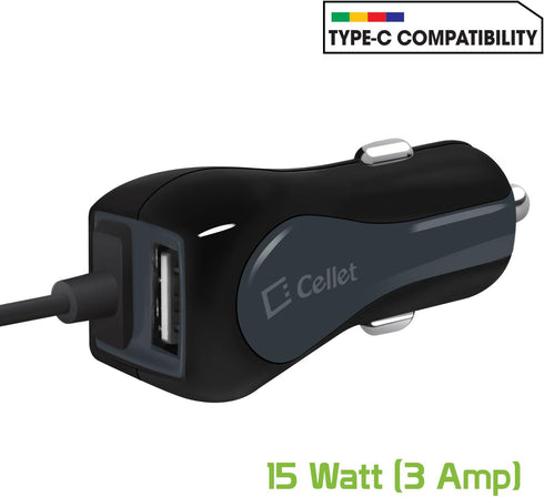 Cellet High Powered 3Amp Fast Charging 15Watt Dual USB Port Car Charger with 4ft Long Type-C Cable