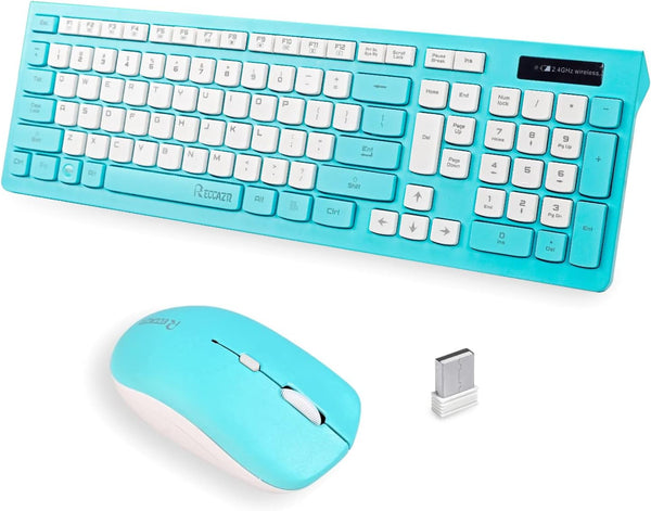 Full-Sized Wireless Keyboard and Mouse Combo - 2.4GHz USB Receiver - Wireless for PC, Windows, Desktop, Laptop (Blue)