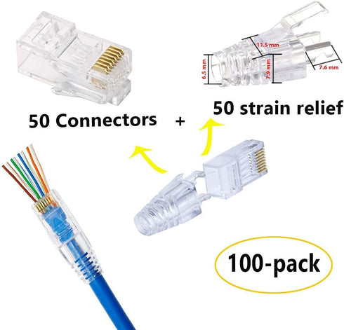 PETECHTOOL RJ45 CAT6 Pass Through Connectors, Gold Plated 8P8C Plugs and Strain Relief, 50x CAT6 Plug + 50x Strain