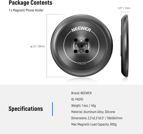 NEEWER Magnetic Phone Tripod Mount Adapter with 1/4" Holes, Compatible with iPhone MagSafe, Phone Holder for Video