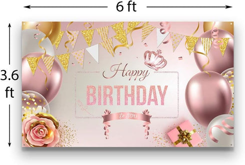 Large Rose Gold Balloons Birthday Decorations Banner Backdrop Theme Poster for Women Girls Party Supplies Decor