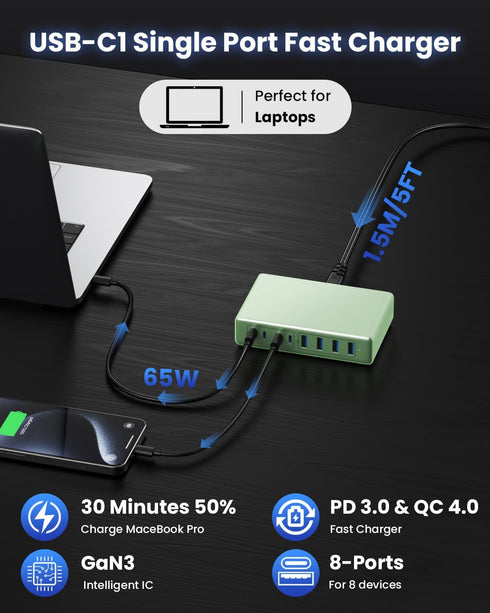 200W USB C Charger, GaN III 8-Ports Charging Station Hub, PD 65W Laptop Charger Compatible with MacBook Pro/Air, Green
