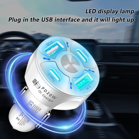 4 Port USB C Car Charger Adapter with LED Light, Quick Charge Type C/PD 20W/QC 3.0 for iPhone 14 13 12 S22 S21 (White)