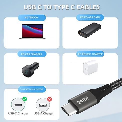 USB C to USB C Cable 240W, Nylon USB2.0 3.3FEET, 480Mbps Data Transfer, 5A Fast Charging for iPhone 15 Series, Samsung