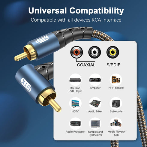 90 24K Systems,Subwoofer(25ft/8m) EMK RCA Subwoofer Cable Degree RCA to RCA Audio Cable Gold-Plated Nylon Braided