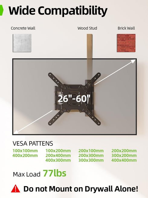 USX MOUNT 26-60 Inch 77 lbs, 400x400mm 32 40 42 43 50 55 60 TV Wall Mount for Most TVs up to Full Motion Wall Mount TV