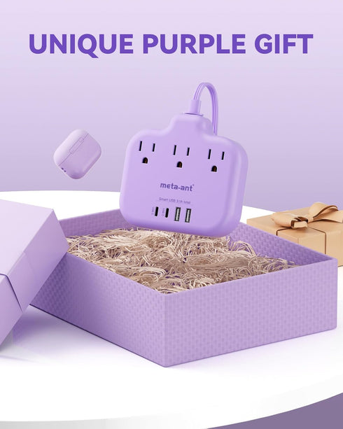 meta-ant 3 4 USB(2 1625W Purple Extension Cord with AC Outlets and USB-C) Ports, Purple Travel Power Strip, Cute Kawaii