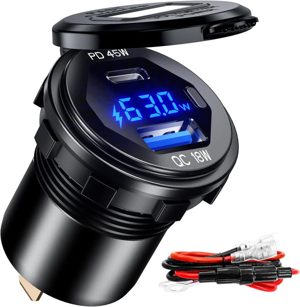 BATIGE PD 45W USB C Quick Charger 18W USB 3.0 Charger Socket Waterproof with Switch for 12V/24V Car Boat Marine