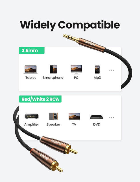 UGREEN 3.5mm to 2 Male RCA Cable, Braided Hi-Fi Sound Auxiliary RCA Y Splitter, 3.3FT, Metal Shell Shielded Aux RCA Y