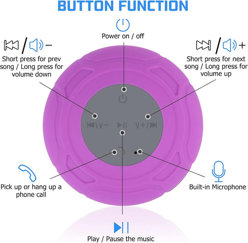 Waterproof Bluetooth Shower Speaker - Portable Wireless Water-Resistant Speaker with Suction Cup, Purple