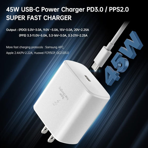 for 45W Samsung Charger Super Fast USB Type C Block PD PPS for Samsung Galaxy S24 S23 S22 Ultra Charger Plus S20 Tab S8 Plus Note 10 20 A53 A52 Z Fold Flip 4 6.6ft 5A Type-C Charging Cord 2Pack White