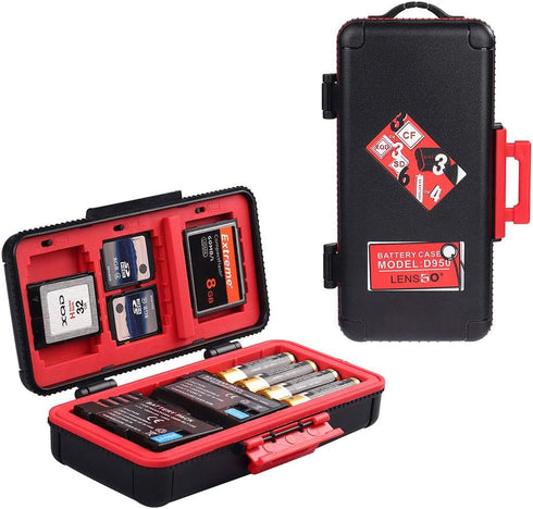 LENSGO Camera Battery Memory Card Case, Water-Resistant Hard Protector for 3 Batteries & 6 SD Cards (Red)