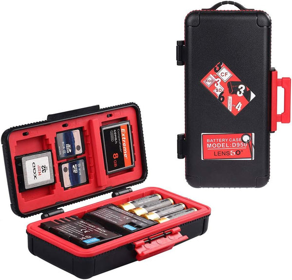 LENSGO Camera Battery Memory Card Case, Water-Resistant Hard Protector for 3 Batteries & 6 SD Cards (Red)