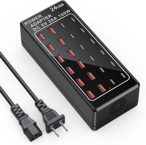USB Charger Block 100W (20A), 24 Port Multiple USB Charger Station, Desktop USB Wall Charger for Apple & Samsung