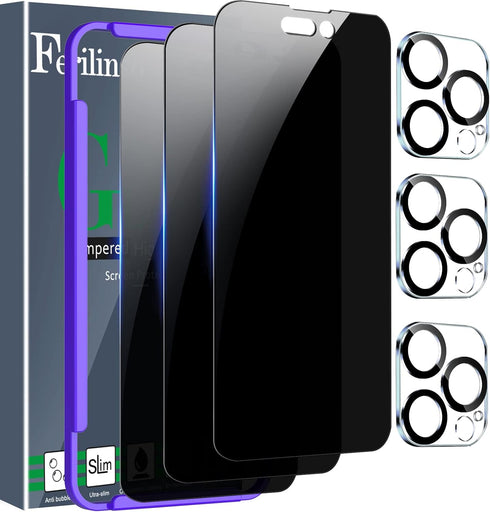 Ferilinso 3 Pack Privacy Screen Protector for iPhone 14 Pro - 9H Tempered Glass, Anti-Spy, Case Friendly, Lens
