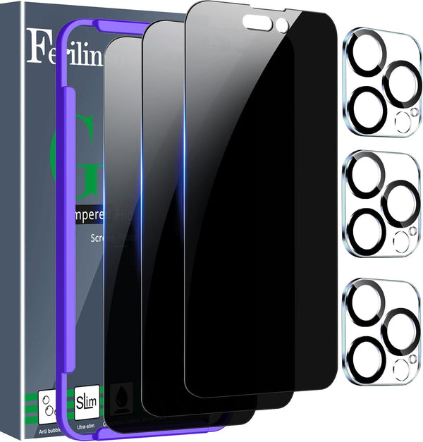 Ferilinso 3 Pack Privacy Screen Protector for iPhone 14 Pro - 9H Tempered Glass, Anti-Spy, Case Friendly, Lens