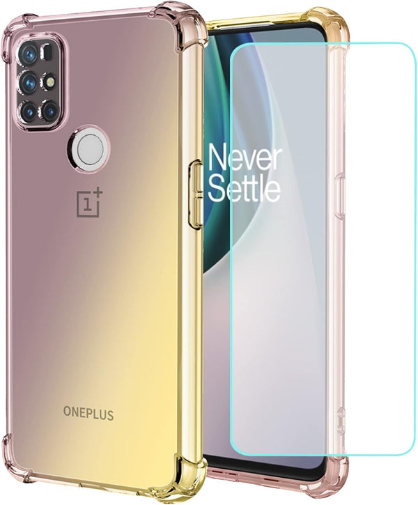 Cellular Phone Case for OnePlus Nord N10 5G, Clear Gradient Slim Shockproof TPU Cover with Tempered Glass Protector