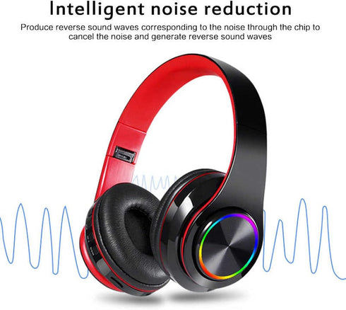 Bluetooth Over Ear Headphones, Foldable LED Stereo Headset with Built-in Microphone, Noise-Cancelling for