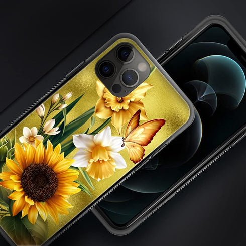 iPhone 11 Pro Max Case Compatible, Butterfly Golden Sunflower Pattern Design Hard PC Back Cover, Non-Slip TPU for Women