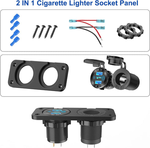 12V USB Outlet Marine Switch Panel, PD3.0 & Dual Quick Charge 3.0 USB Ports, Waterproof 150W Cigarette Lighter Socket
