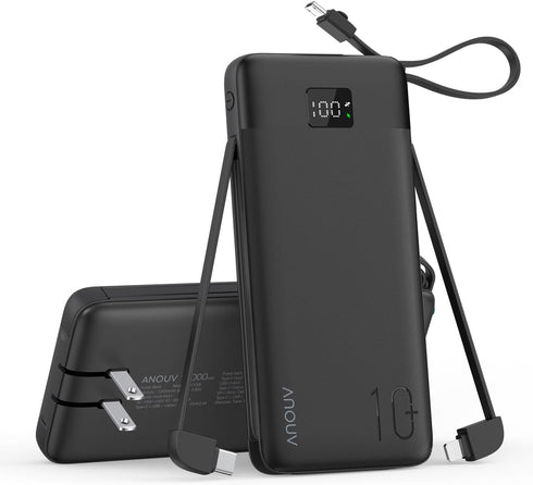 ANOUV Portable Charger Built-in Cables and AC Wall Plug, 10000mAh 22.5W PD Fast