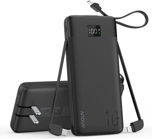 ANOUV Portable Charger Built-in Cables and AC Wall Plug, 10000mAh 22.5W PD Fast