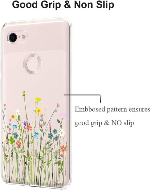 Unov Pixel 3 XL Case, Clear with Design Soft TPU Shock Absorption Slim Embossed Floral Pattern (Flower Bouquet)