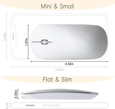 Slim Mini Bluetooth Mouse, Portable Flat Wireless Rechargeable Mouse, Ultra-Thin, Compatible with Laptop, PC, Tablet