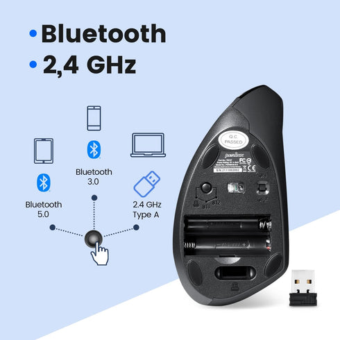 Perixx PERIMICE-813B Bluetooth Vertical Mouse, Wireless 3-in-1 Multi-Device Technology, Black, Right Handed with Carry