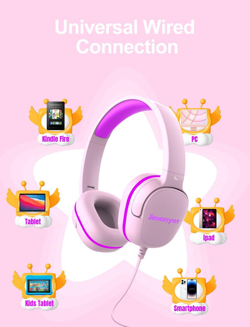 Kids Headphones with Safe Volume Limiter, 3.5mm Wired On-Ear Headphones for School, HD Stereo Sound (Pink)