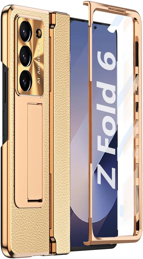 Galaxy Z Fold 6 Case with Screen Protector, Rugged Hinge Protection, Camera Lens Cover - PU Leather Protective Phone