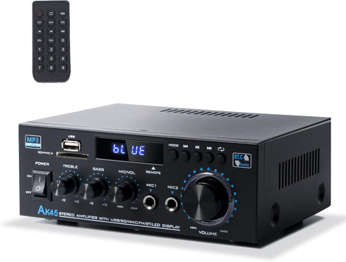 Stereo Receiver & Amplifier Home Audio Amp - AK45 Bluetooth Amplifier for Passive Speakers, 300Wx2, Bluetooth 5.0, 2