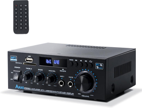 Stereo Receiver & Amplifier Home Audio Amp - AK45 Bluetooth Amplifier for Passive Speakers, 300Wx2, Bluetooth 5.0, 2