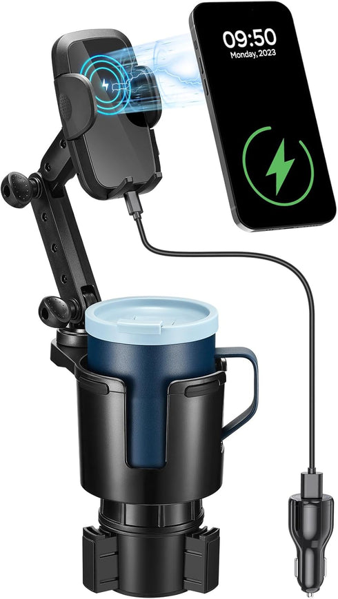 This Hill 3-in-1 Car Wireless Charger Cup Holder, 15W Charging, Adjustable Base & 360° Rotation for Smartphones