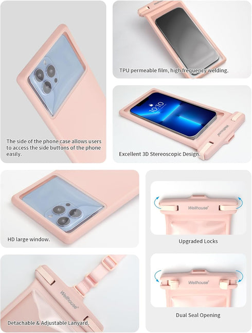 wellhouse Waterproof Phone Pouch for iPhone 15 14 13 12 Pro Max XS, IPX8 3D Cellphone Dry Bag Beach Essentials - Pink 1