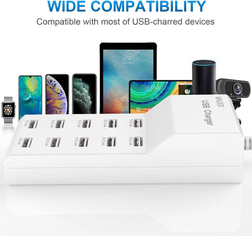 USB Charging Stations, 50W 10A, 10 Ports Multiple Charging Block/Power USB Strip for iPhone, Android, Smartphone,