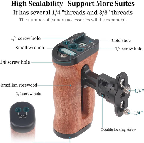 Hersmay 1/4"-20 Wooden Side Handle Quick Release Camera Hand Grip with Screws Stabilizer with ARRI-Style Mount Screw