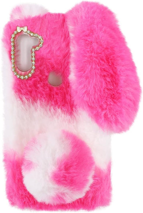 Pink Fluffy Fur Plush Case for A11, Cute Spotted Bunny 3D Animal Fuzzy Protective Cover, Kawaii Toy Fun Women Phone