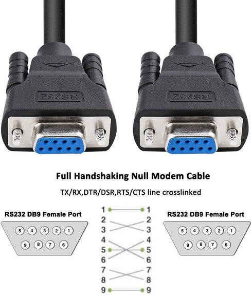 DTech 5 Feet DB9 RS232 Serial Cable Female to Female Null Modem Cord, Full Handshaking 7 Wire Crossover for Data